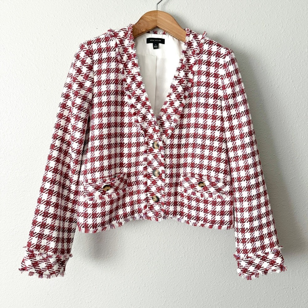 Ann Taylor Chunky Knit Woven Red White Plaid Fringe Blazer Jacket Size 14